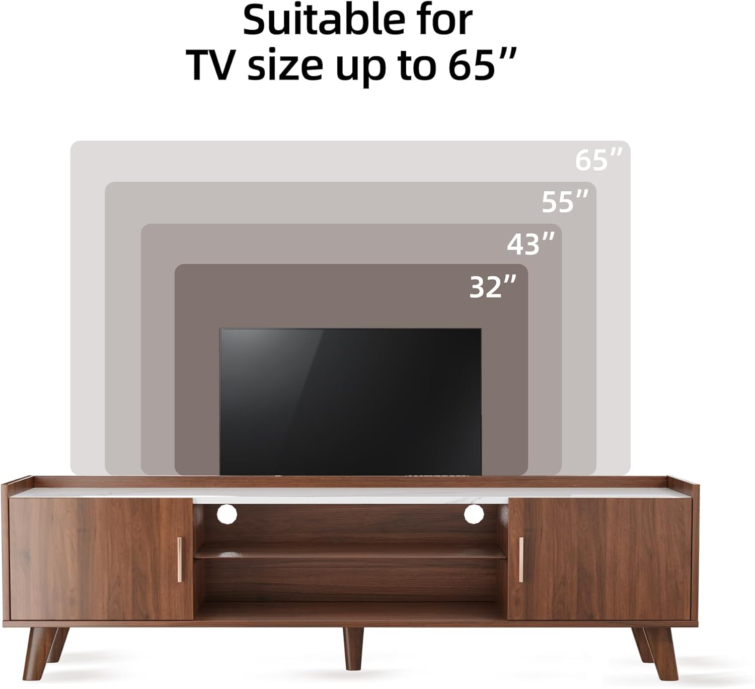 Diagram illustrating TV size compatibility, showing the TV stand can accommodate TVs from 32 inches up to 65 inches.