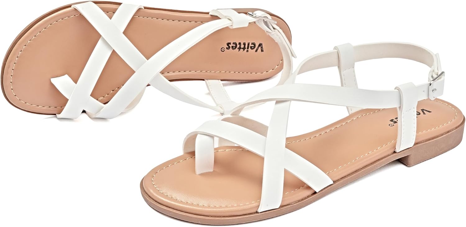 Veittes Women's Gladiator Flat Sandals, Criss Cross Ankle Strap Design, Non-slip Sole, Open Toe Summer Beach Toe Ring Thong Sandals - Image 4