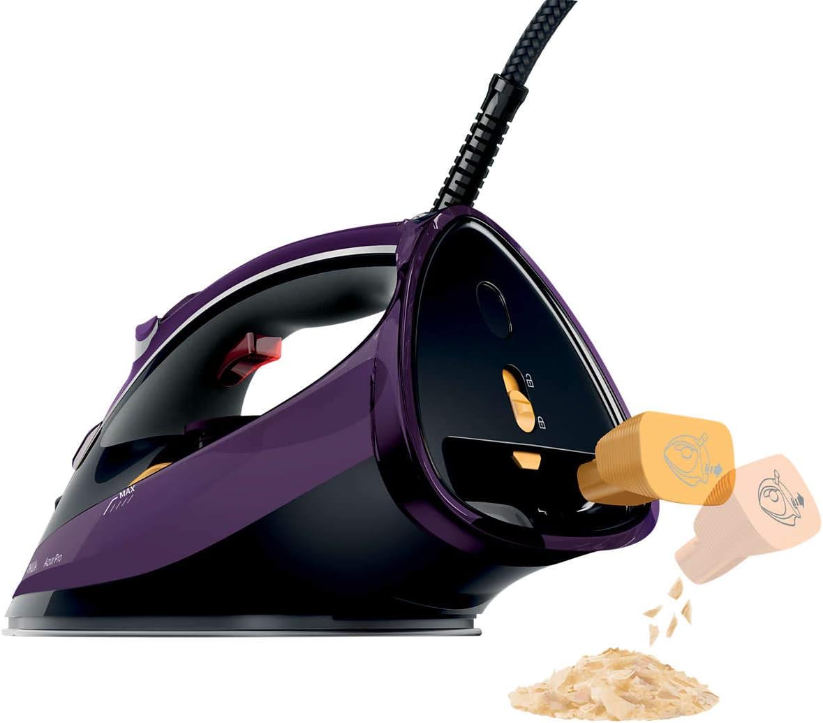 Philips Azur Pro Steam Iron showing the calc-clean process, with a yellow container collecting scale particles from the iron's front.