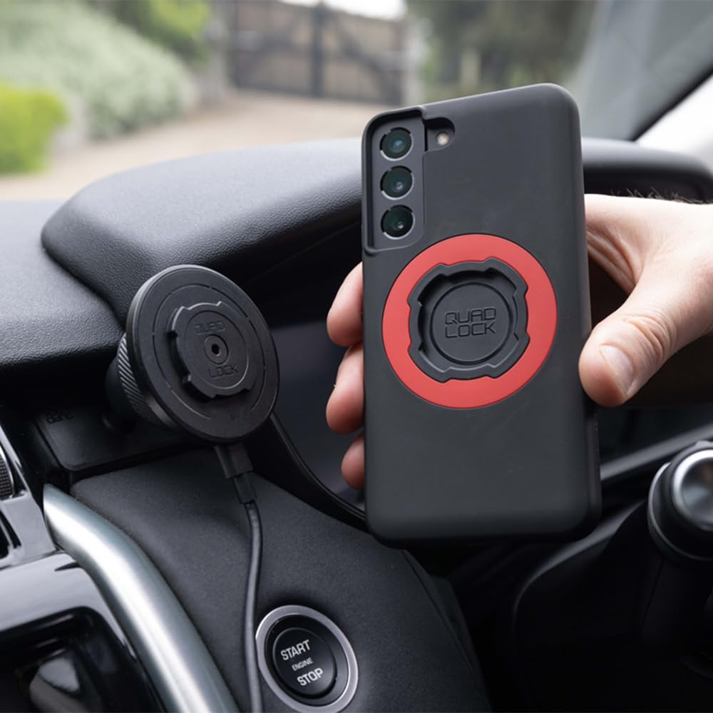 Quad Lock Samoprzylepny uchwyt na deskę rozdzielczą/schowek na telefon do samochodu z głowicą ładowarki bezprzewodowej MAG V2 i etui MAG na Galaxy S26