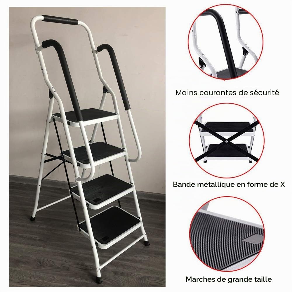 Escabeau 4 Marches Pliant avec Rampe de Sécurité Pliable avec Marche Antidérapante Mate Très Résistante Charge Maximale 150kg