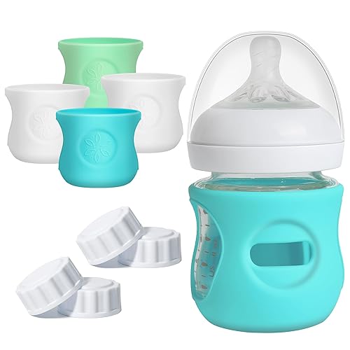 Paquete de 4 fundas de silicona para botella de vidrio Philips Avent Natural, cubierta de silicona de grado alimenticio y 4 tapas de viaje,