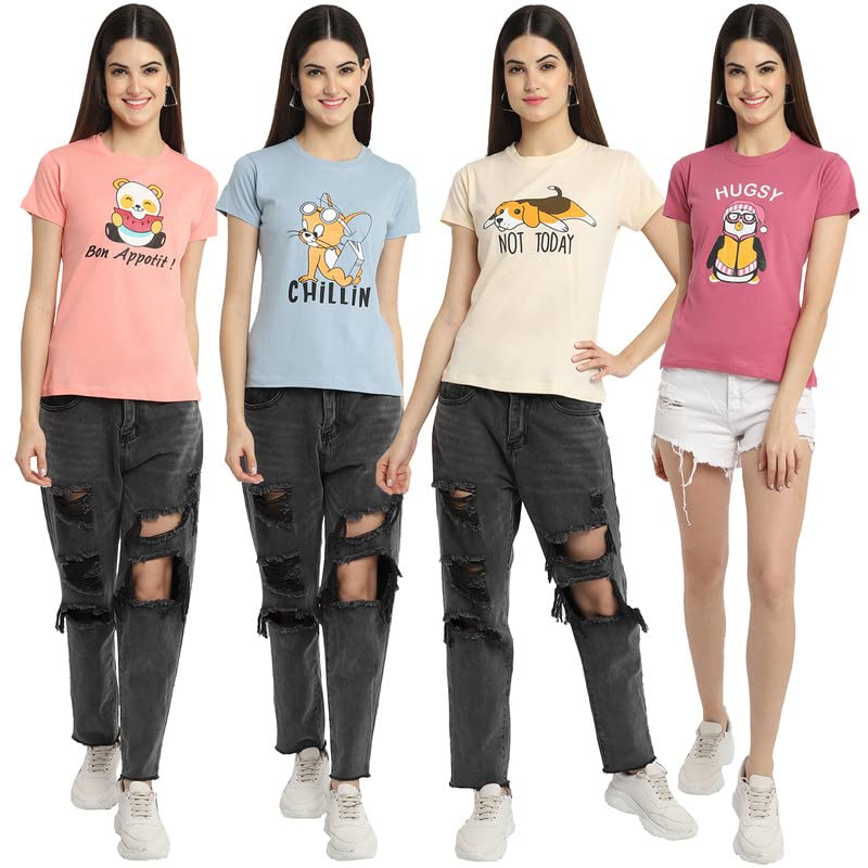 Image of Preneum Women's Cotton Regular Fit Graphic Stylish Printed Short Sleeves Casual T-Shirt |Trend & Styles