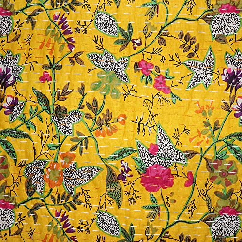 United Craft Art Indian Paradise Leaf Print Bedding Kantha Quilt Throw Traditional Floral Bedspreads Hand Stitched Soft Reversible Kantha Lightweight Bohemian Kantha Blanket (Yellow 90X60 Inches) #TOP28