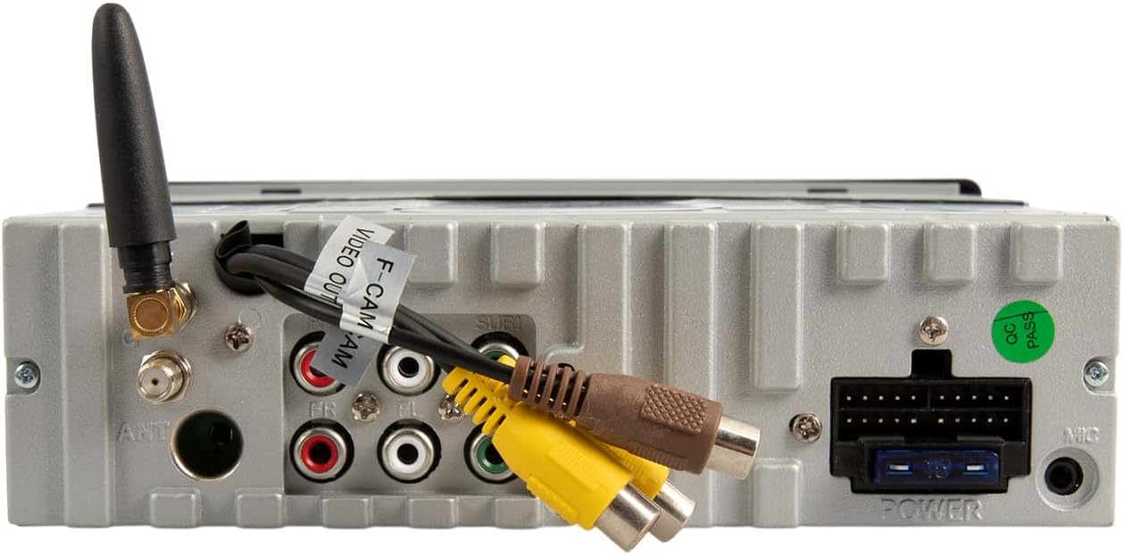 Rear view of the Soundstream VRCA1-78W car stereo showing various input and output ports, including RCA, antenna, and wiring harness connector.