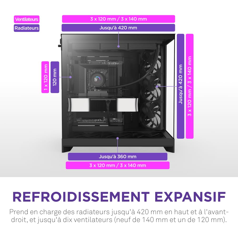 NZXT H9 Flow (2025) – Grand boîtier PC ATX Mid-Tower à Double Chambre pour Flux d'air – Inclut 3 Ventilateurs de 140 mm et 1 Ventilateur de 120 mm – Support de radiateur de 420 mm – Noir