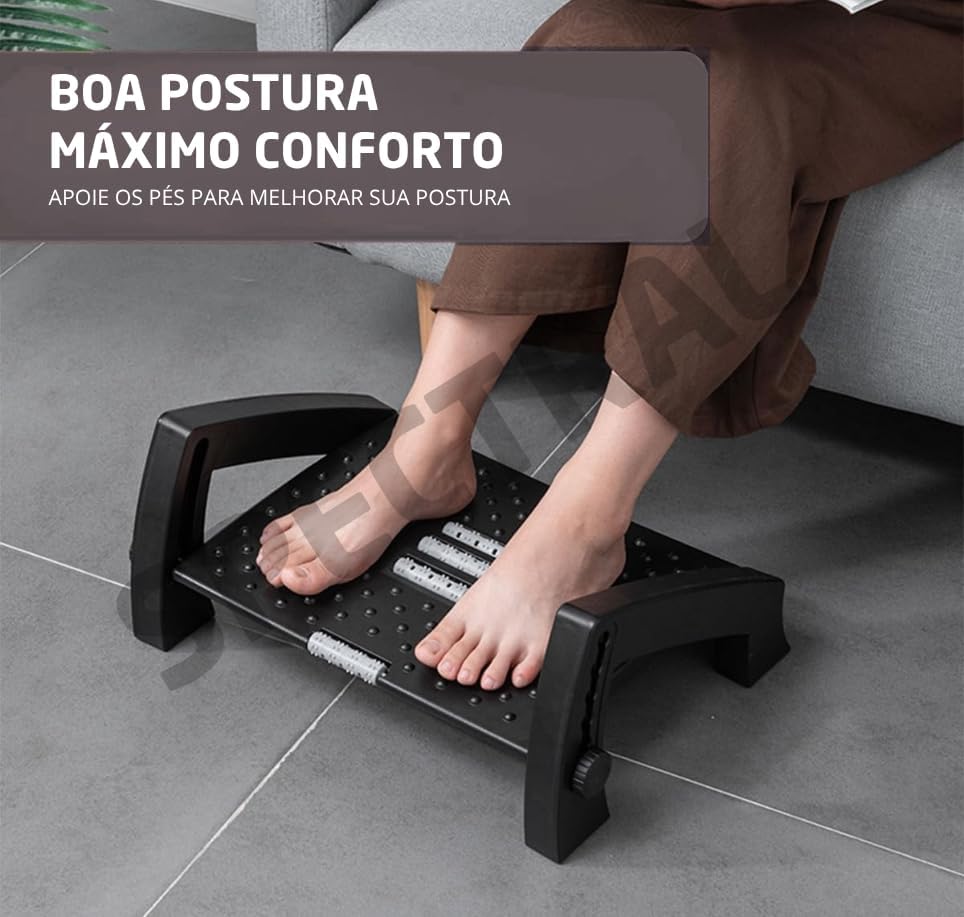 Apoio para Pés Ergonômico Ajustável 6 Alturas com Rolos de Massagem – Banquinho para Debaixo da Mesa, Escritório, Casa ou Banheiro – Antiderrapante e Resistente – Preto