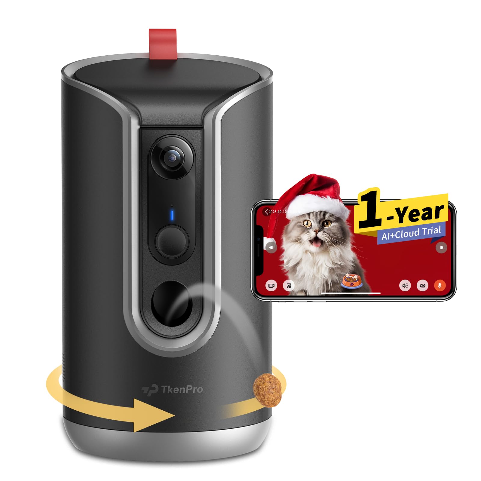 TKENPRO Pet Camera Treat Dispenser [1-Year Trial: Cloud + AI Features Included], 2K Dog & Cat Cam, Remote Treat Tossing, 360&deg; Auto Tracking, 5G/2.4G WiFi Compatible, 2-Way Talk, Motion Alerts Indoor