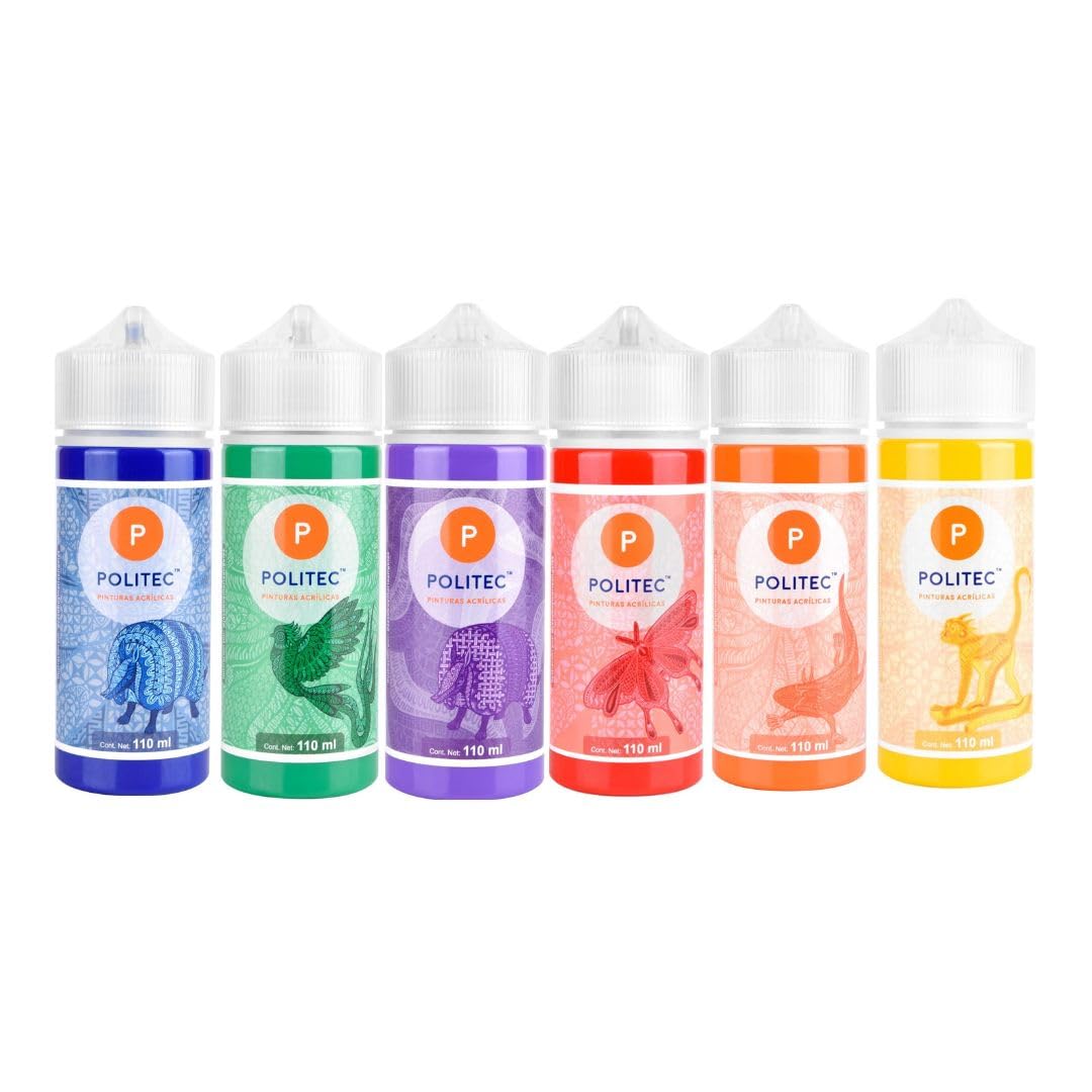 Politec Pinturas Acrílicas 6 x 110 ml con Paleta, Set de Colores Primarios y Secundarios para Pintar en Lienzo, Madera, Papel, Piedra y Manualidades