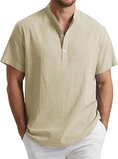 Enlision Mens Linen Shirt Short Sleeve Grandad Collar Collar Henley Shirts Men Solid Color Casual Summer Beach Holiday Button Down Tops S-4XL