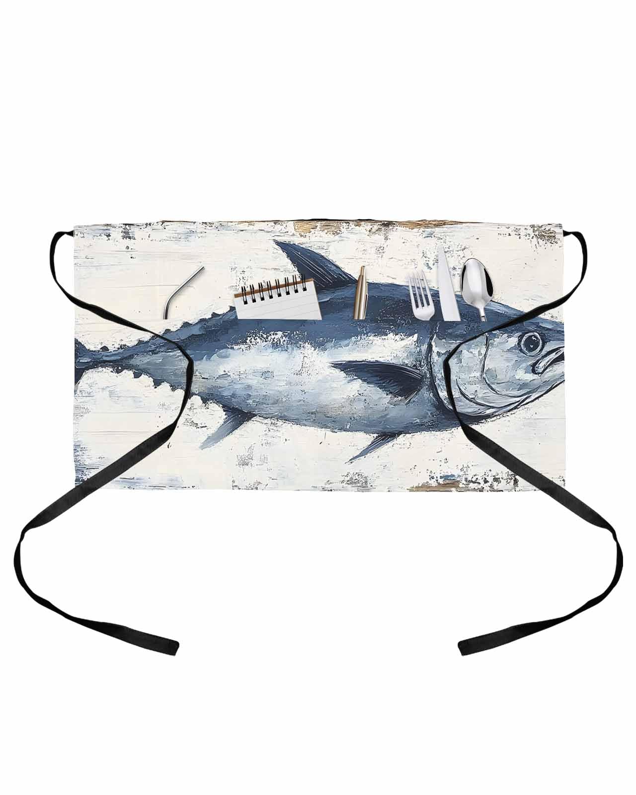 PIEPLE Coastal Fish Server Apron Waitress Aprons with 3 Pockets, Modern Oil Painting Ocean Nautical Half Waist Waiter Aprons Restaurant Chef Aprons for Women Men