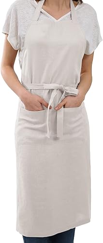 Amazhiyu Pure Linen - Delantal de cocina con bolsillos para mujeres y hombres, chef para cocinar, barbacoa, manualidades