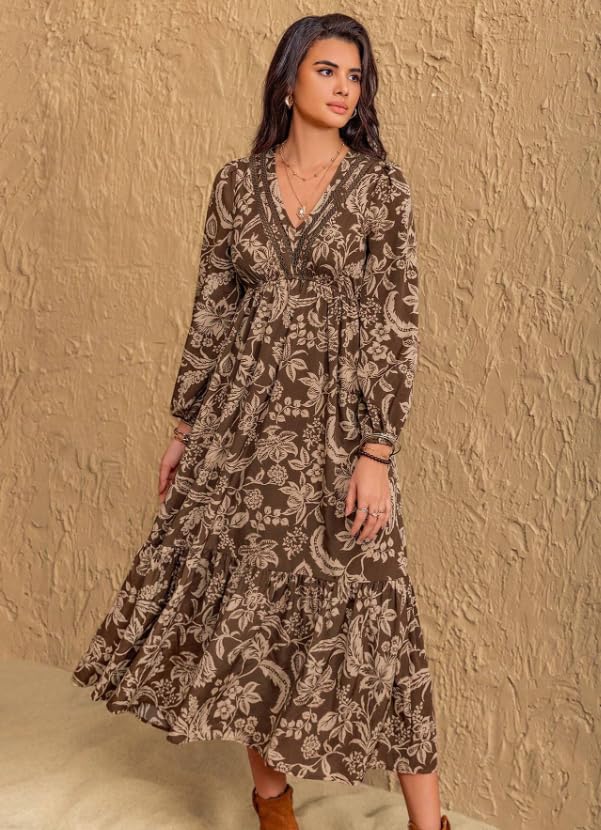 Image of Dress for Women ||Bohemian Brown Print Casual Comfortable Women's Long Sleeve Maxi Dress|| Popular Autumn Apparel Fashion (D-03-05)