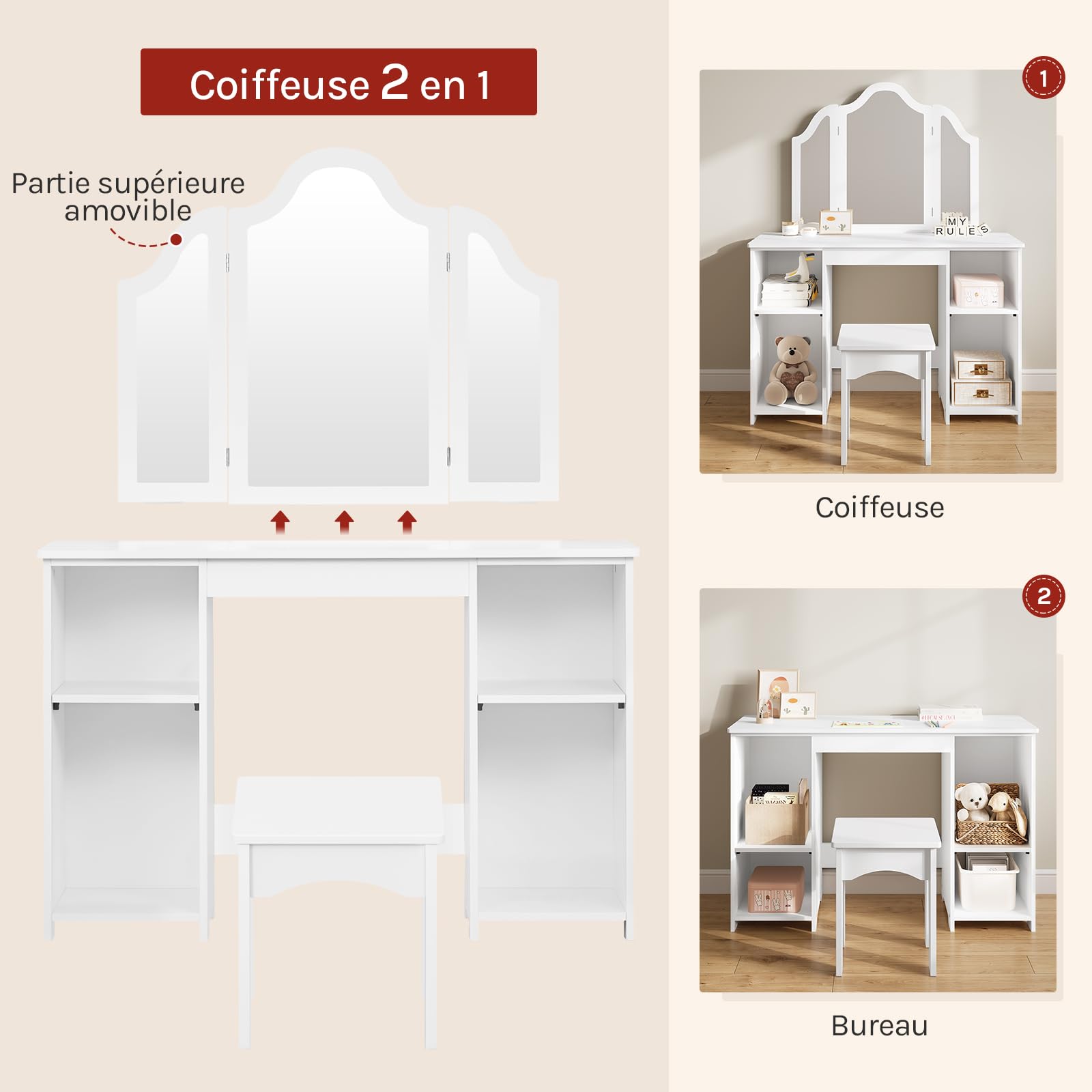 WOLTU Coiffeuse pour Enfants avec Tabouret et Triple Miroir Amovible, Petite Table de Maquillage avec 4 Compartiments Ouverts, Étagères Réglables, pour Fille, Blanc, MDF, MB6120ws