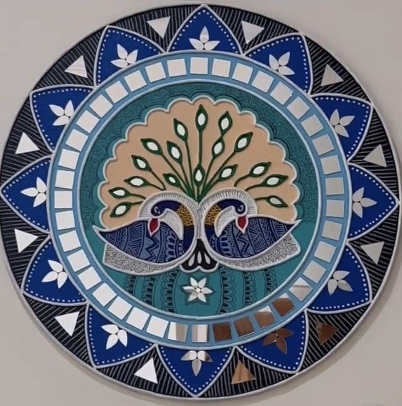 Vivid Traditional Kutchi Mud Mirror Art Wall Decor | Handmade Clay & Mirror Work Lippan Art Plate for Foyer, Mandir & Home Entrance - Peacock-image-11