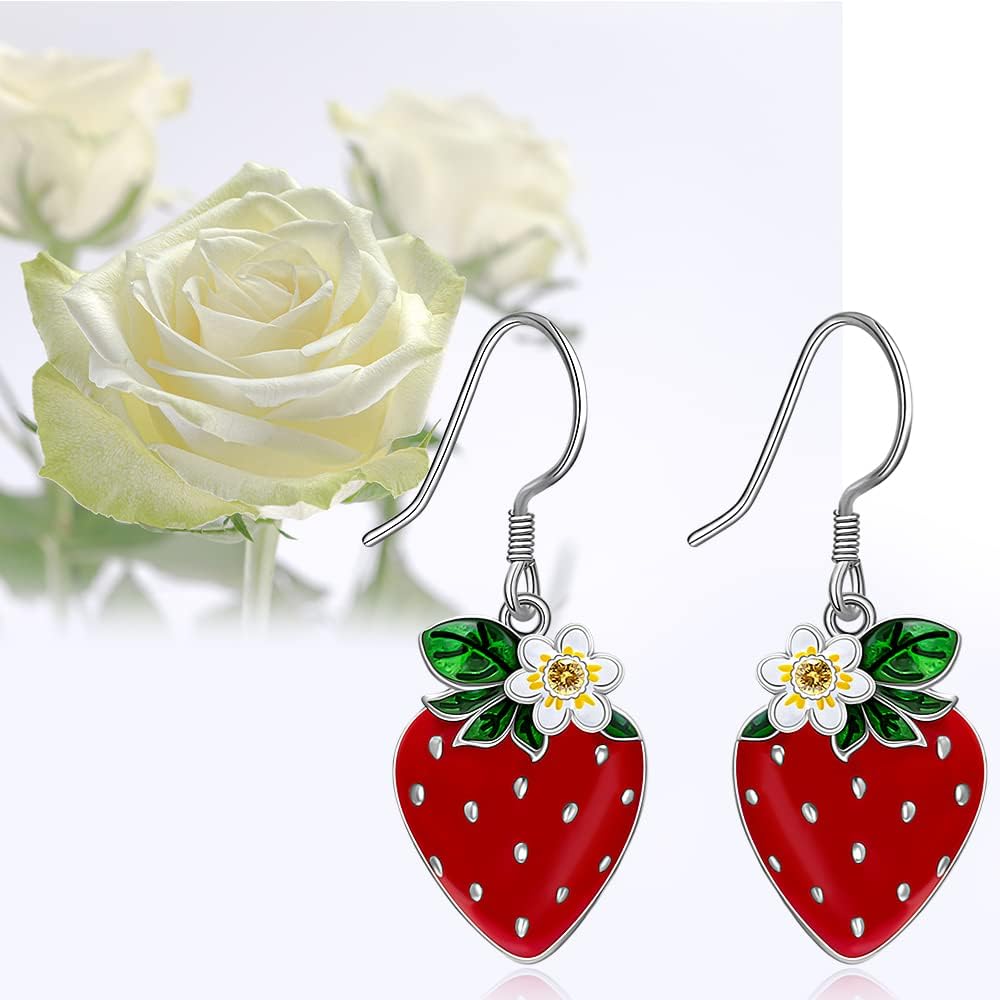Strawberry Earrings Red Strawberry Dangle Sterling Silver Flower Earrings for Women Fruit Blossom Strawberries Gift