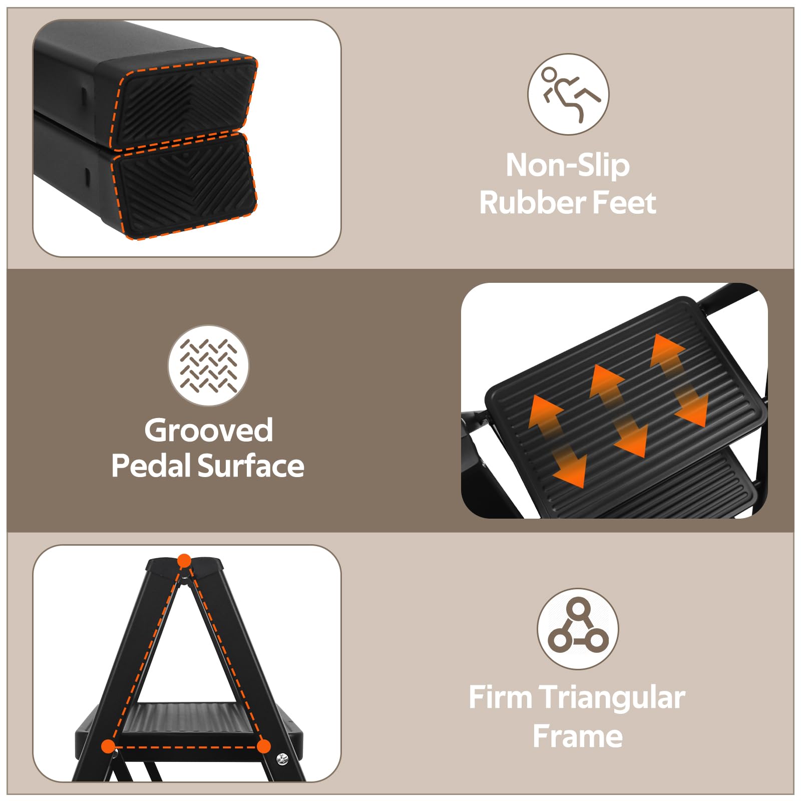 Escabeau 3 Marches Pliable Noir | Antidérapant, Max 150kg, Robuste, Intérieur Extérieur