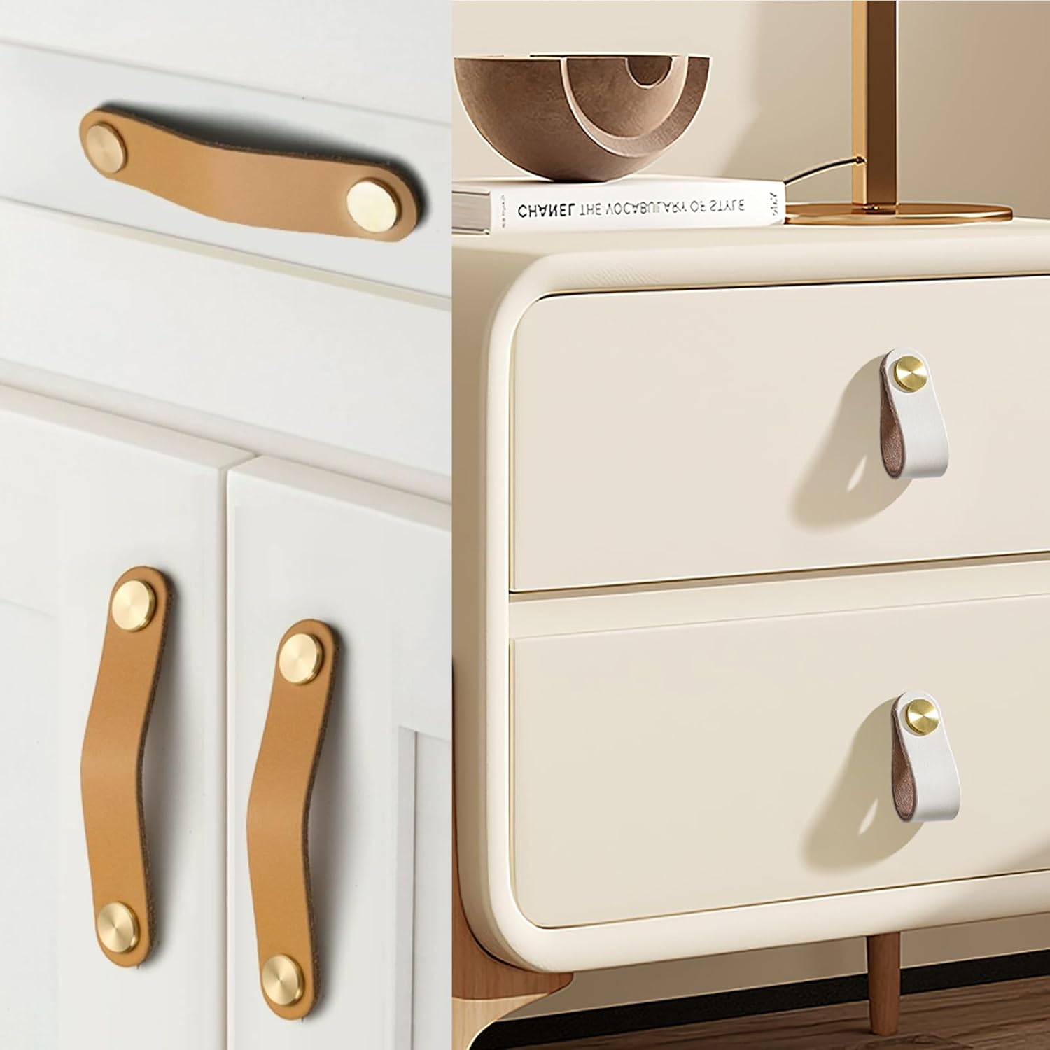Dresser Drawer Handle Leather, Cabinet Knobs,2.7" Single Hole Genuine Leather Drawer Strap Beige,Set of 16