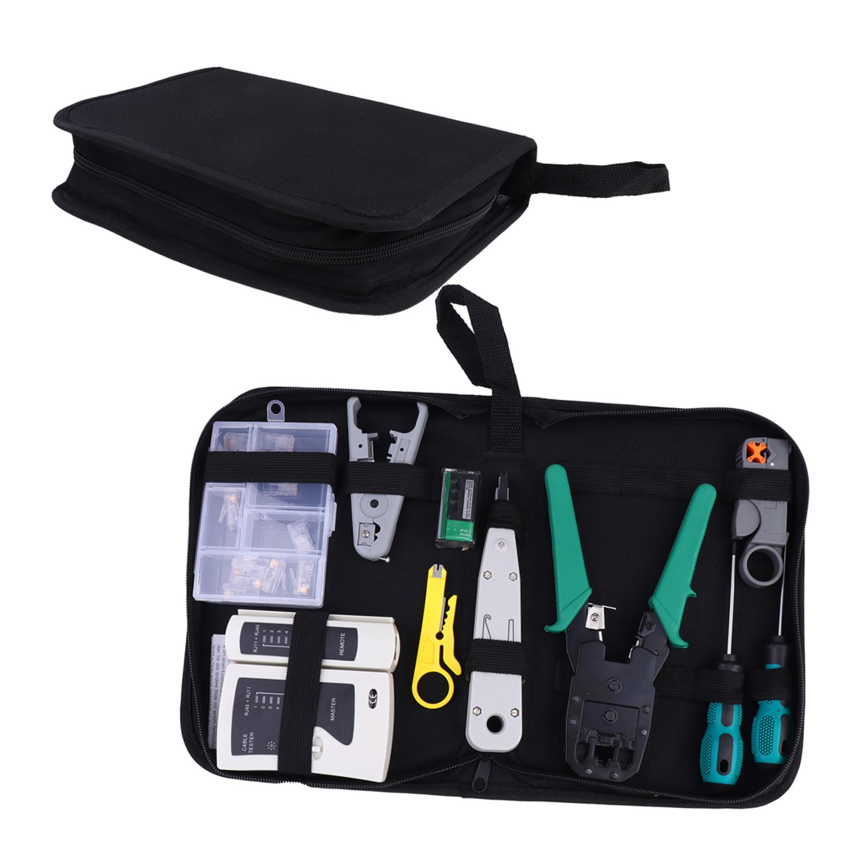 COLLBATH Kit D'outils Réseau 12-en-1 Testeur de Câble, Pince à Sertir en Métal et Paquet de Rangement, Outil D'installation pour Tests de Câbles Réseau et Téléphoniques