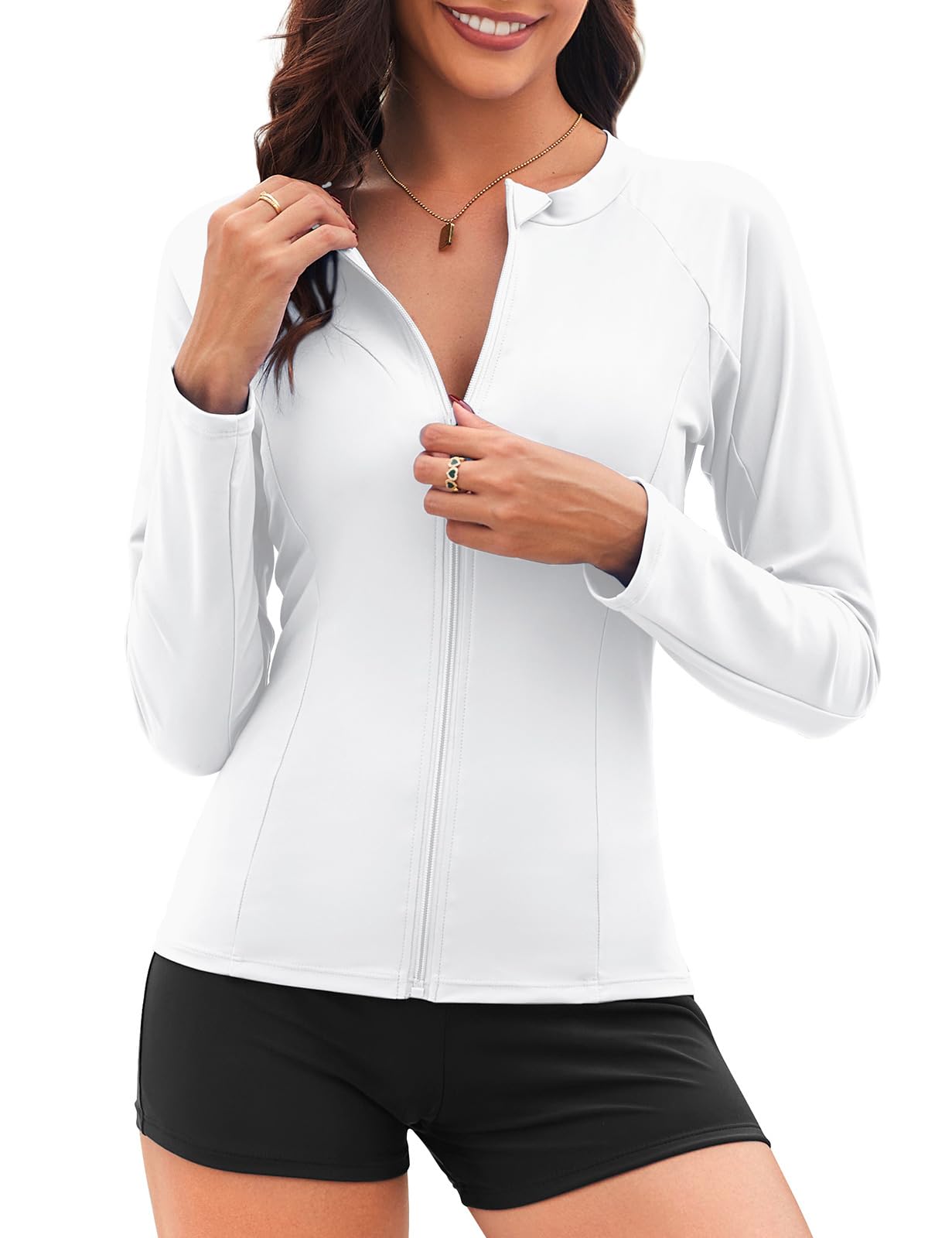 Tuopuda Haut de Maillot de Bain Femme à Manches Longues Tee Shirt Anti UV Rashguard UPF 50+ Rash Guard Cache-Maillots Fermeture Éclair Séchage Rapide Natation Surfing