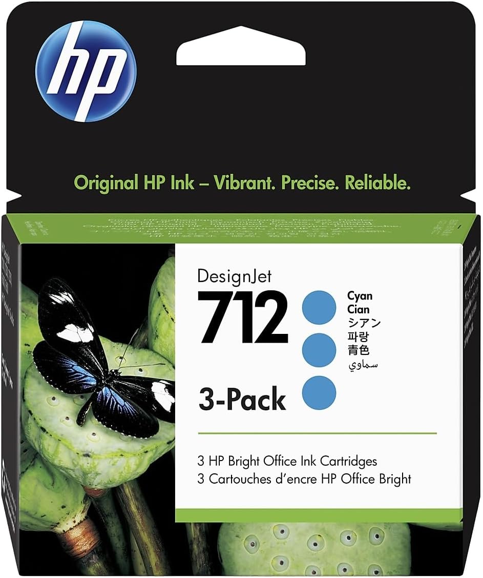 HP 712 3ED77A 3-pack Cyan 29-ml Genuine Ink Cartridge with Original Ink, for DesignJet T650, T630, T250, T230 & Studio Large Format Plotter Printers 713 DesignJet Printhead