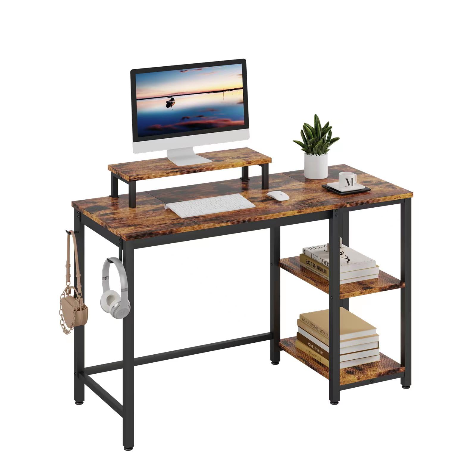 HEEYUE Computer Desk, Industrial Writing Desk with 2-Layer Storage Shelves and Headphone Hook, PC Laptop Table with Monitor Stand,Gaming Desk for Home Office (Rustic Brown)