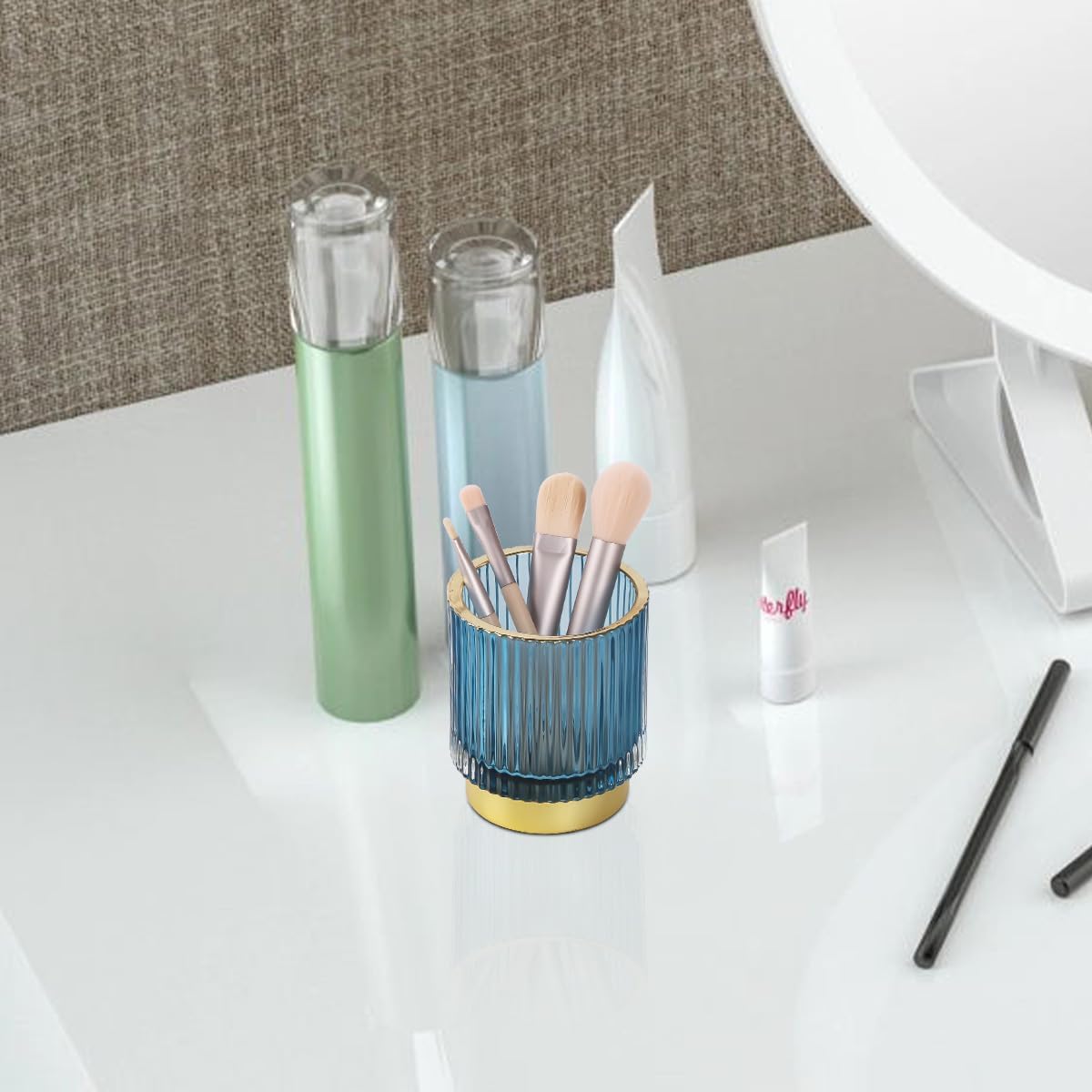 Blue Makeup Brush Holder, Glass Toothbrush Holders for Bathrooms, Gold Pen Holder for Desk, Vintage Make Up Brush Holder Vanity Organizer for Brushes, Lipstick, Eyebrow Pencil image 3