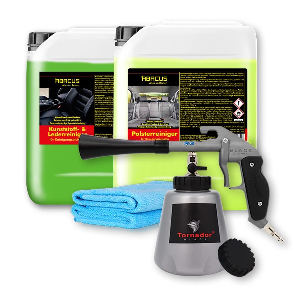 ABACUS® Tornador Set, Tornador Black Z-020RS Reinigungspistole + Polsterreiniger & Textilreiniger 5L + Kunststoffreiniger & Lederreiniger 5L + Mikrofasertücher, Reinigungspistolen Set (7426.2)