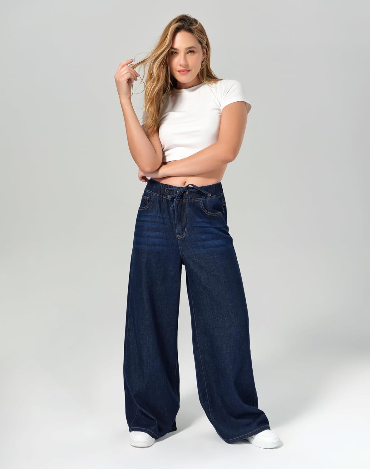 roswear Women's Wide Leg Jeans Non-Stretch Sweatpants-Like Lounge with Elastic Waist - Image 3