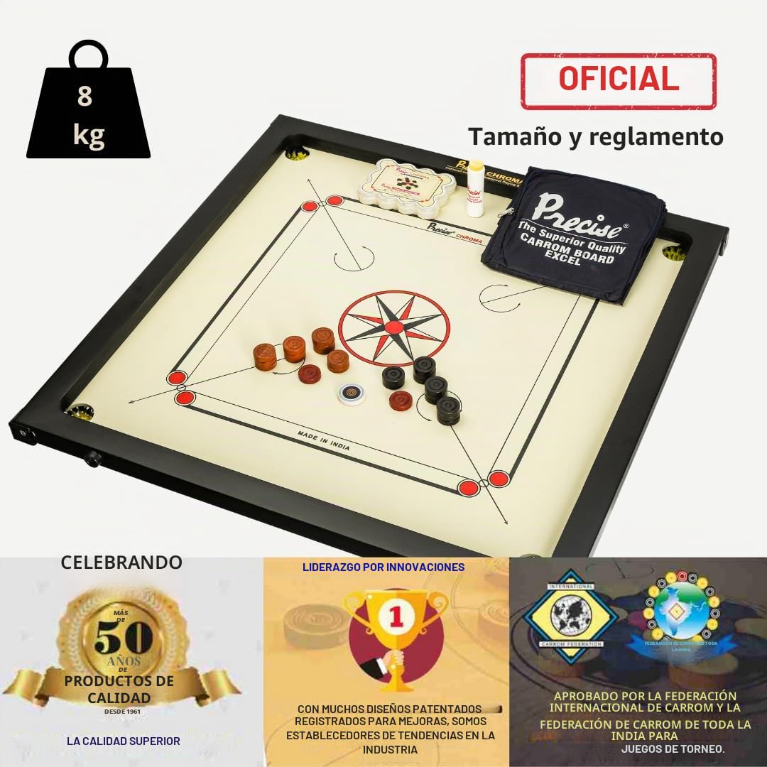 Carrom Original 6 mm Chroma Excel Juego profesional completo patentado, hecho a mano en la India, para 4 jugadores a partir de 9 años