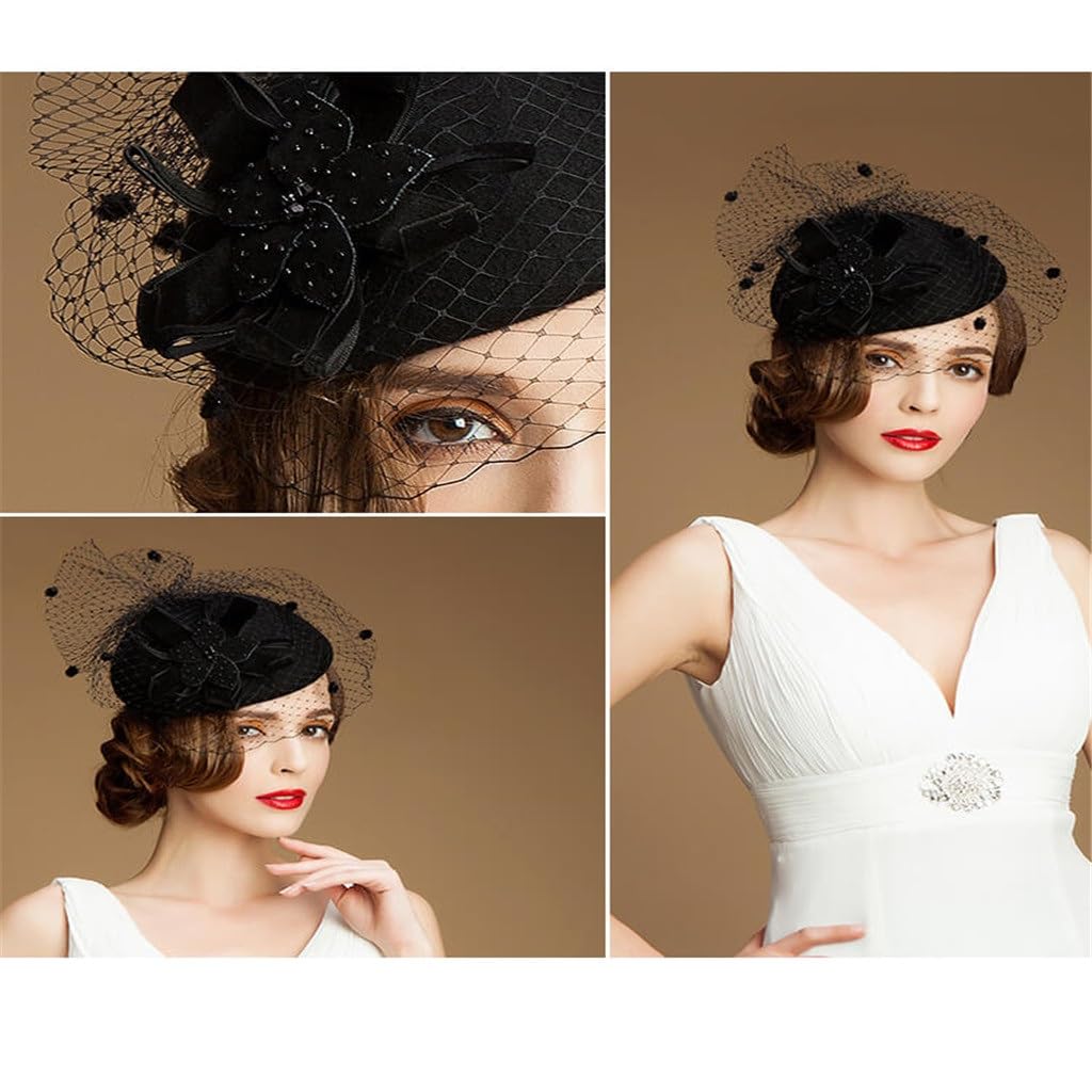 YMGSCC Black Hat with Veil Wedding Hats and Fascinators for  display picture 3