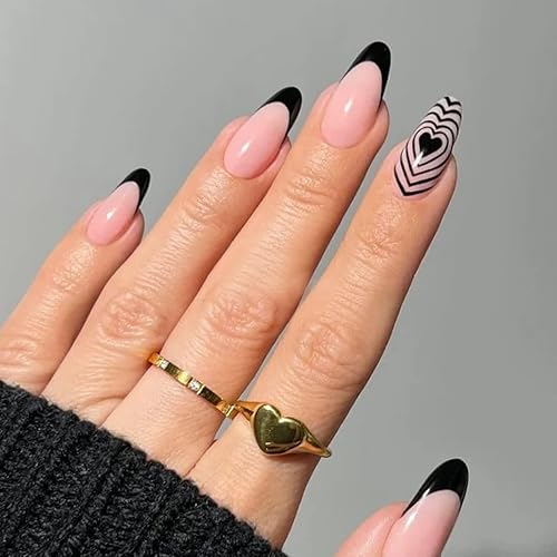 Uñas postizas a presión para el día de San Valentín uñas postizas medianas con diseño de corazón negro uñas postizas acrílicas brillantes de