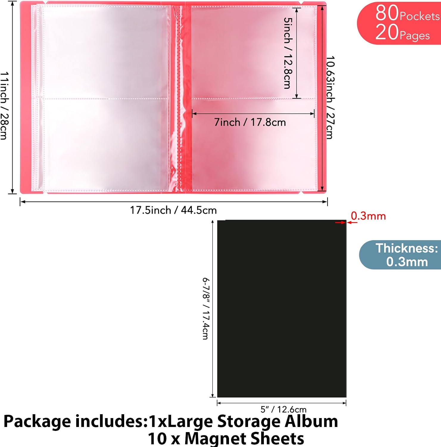 10 Pcs 0.3mm Magnet Sheets and 80 pockets/20 pages Storage Album for Stamp and Cutting Dies Storage Book Organizer Folder for Storage Die Cutting, DIY Scrapbooking Card Making Supplies (Red)