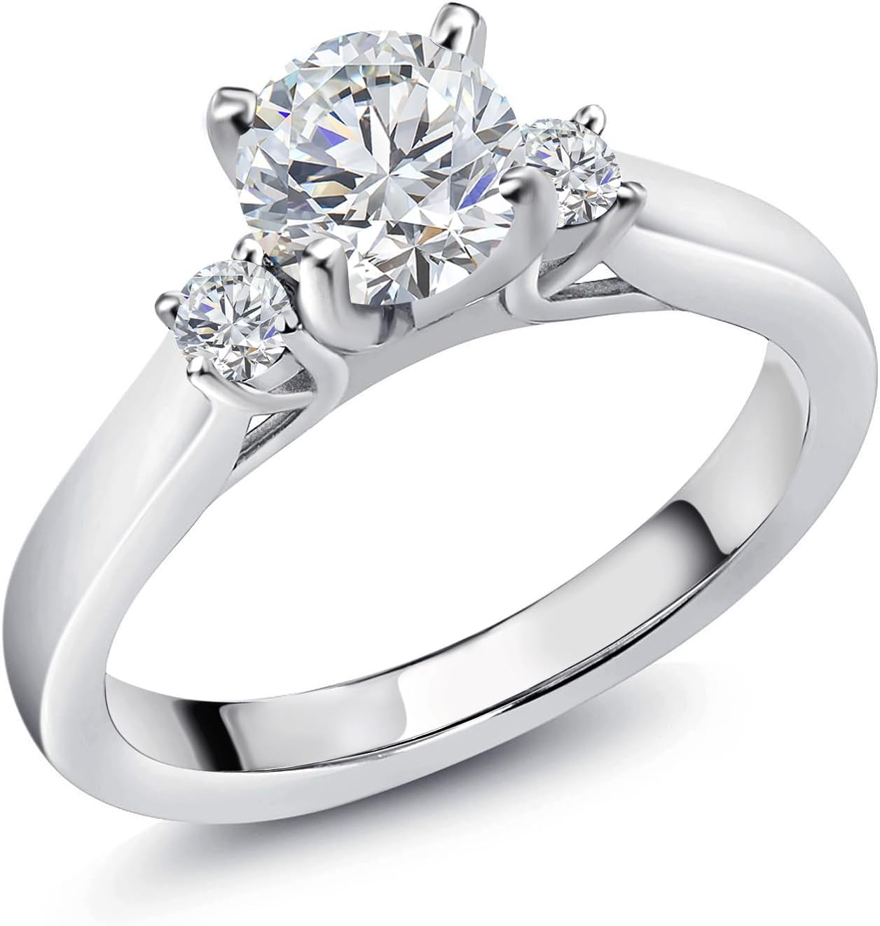 Gem Stone King White Lab Grown Diamond 3-Stone Engagement Ring For Women | 925 Sterling Silver | 0.87 Cttw | Round 6MM and 2.5MM | Gemstone April Birthstone | DEF Color | VVS-VS Clarity