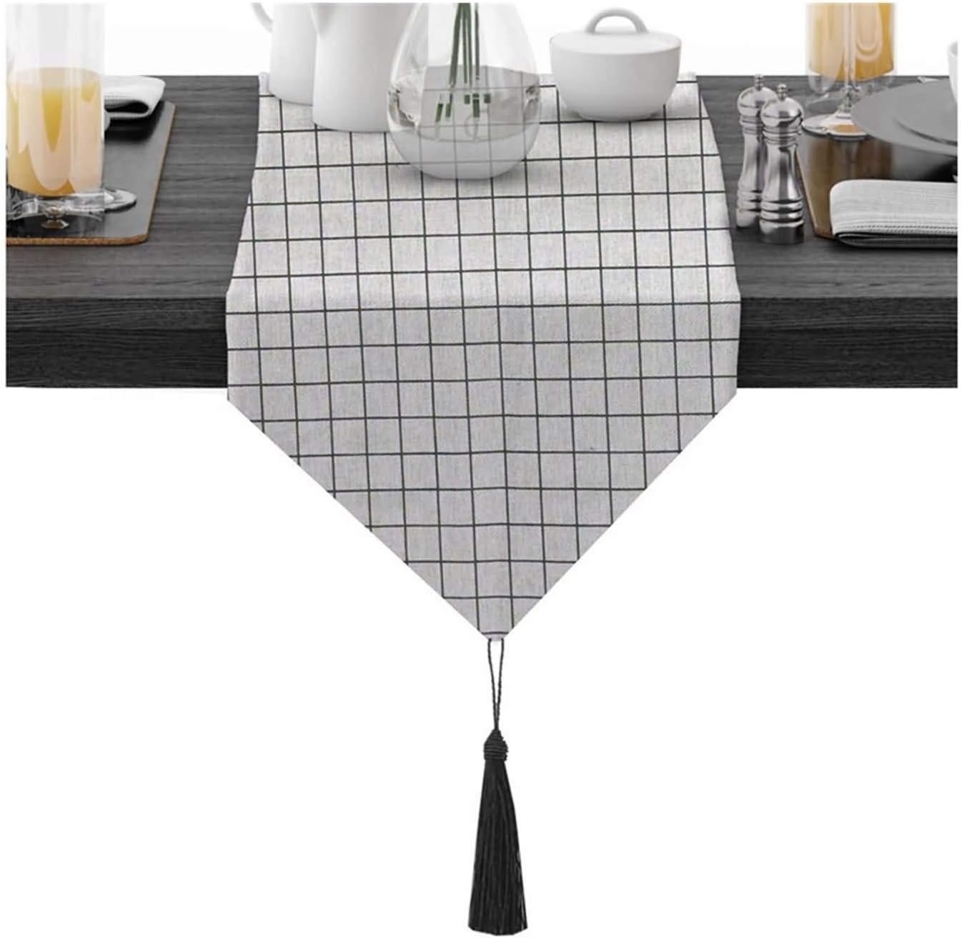 Valentines Table Runner,30x320CM,Lattice Pattern with Tassel Table Runner Decor Cotton,Table Runners Modern White Black