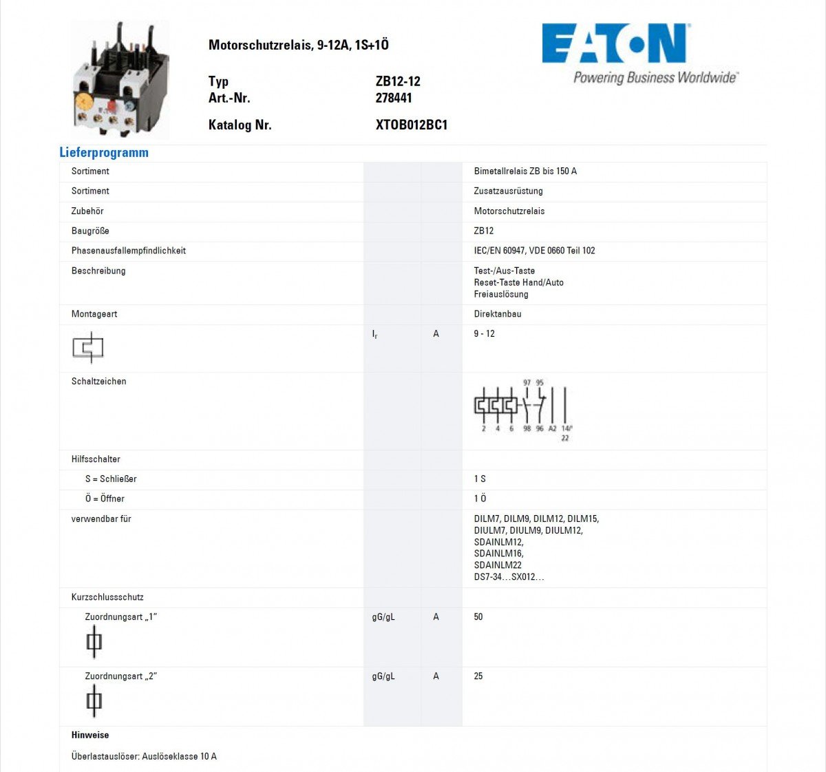 EATON ZB12-12 Rele Termico, Montaje Directo, 9-12A, 1N/O+1N/C