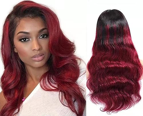 1b99j - Pelucas de cabello humano ondulado con cierre de encaje frontal de 4 x 4 tono de remolque peluca de color negro a burdeos con abuelitos