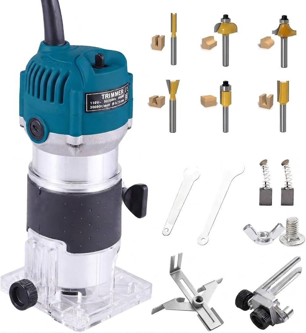 blayram Palm Router Tool, 30000RPM Woodworking Hand Router with Trimmer Base, 800W Handheld Power Wood Compact Trim Router with 6pcs 1/4" Router Bit Set for DIY, Woodworking, Slotting