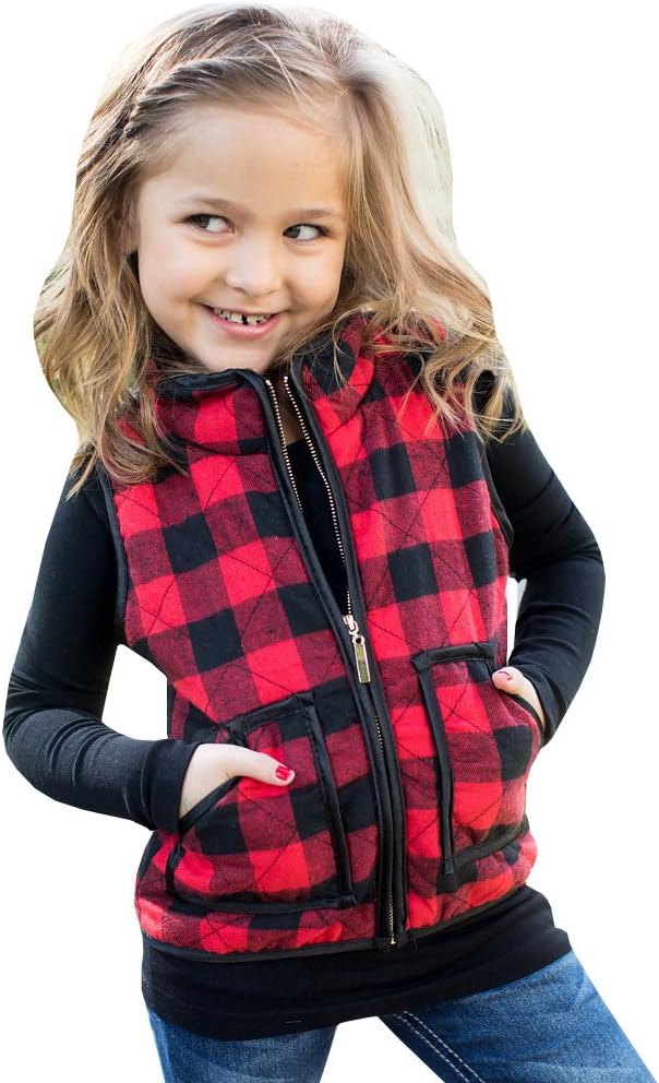 Ivay Girls Buffalo Cotton Plaid Quilted Vest Cute Puff Lined Gilet