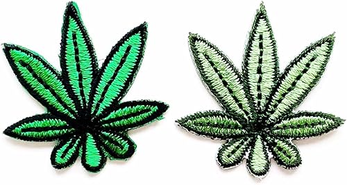 Miniatura 2 de PL - Juego de 2 minúsculas hojas de marihuana de cannabis verde lindo logotipo de dibujos animados 1 coser hierro en bordado apliques insignia