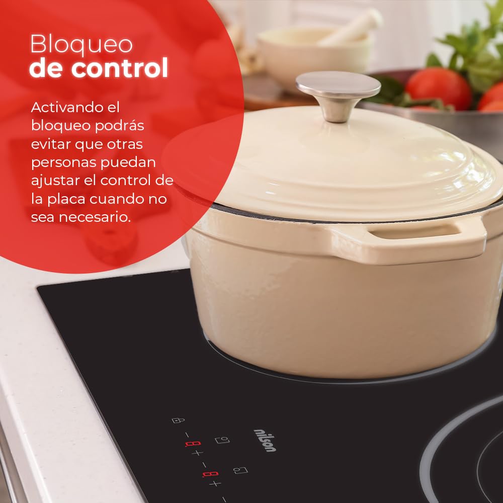 Nilson Placa Vitrocerámica Cristal Negro NV3600. Potencia máx. 5700 W, 3 Zonas de Cocción, 9 Niveles de Cocción, Control Táctil, Bloqueo y Autodesconexión de Seguridad