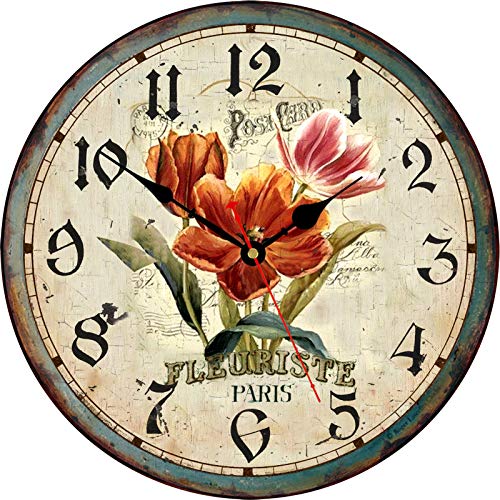 Toudorp Floral Wall Clock 14 Inch Silent Battery Operated Non Ticking Clocks Retro Round Arabic Numerals Quartz Hanging Clock Easy To Read Wooden Home Decor Wall Clock (Paris Flowers Pattern) #TOP7