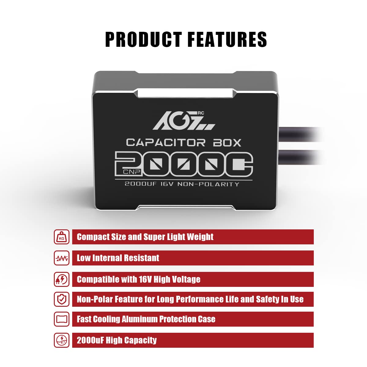 AGFRC 2000uF Mini RC Capacitor - 16V Non Polarity Low Impedance Capacitor with CNC Aluminum Case for RC Car Truck (CNP2000C)