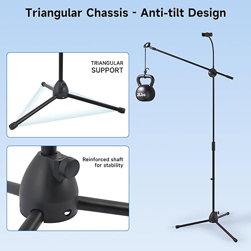 Miniatura 5 de Soporte de suelo para micrófono, soporte de micrófono con soporte para teléfono ajustable en altura, trípode estable con brazo de brazo de brazo