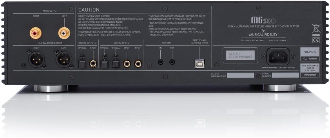 Rear view of the Musical Fidelity M6SCD CD player and DAC, showing various audio output and digital input ports.