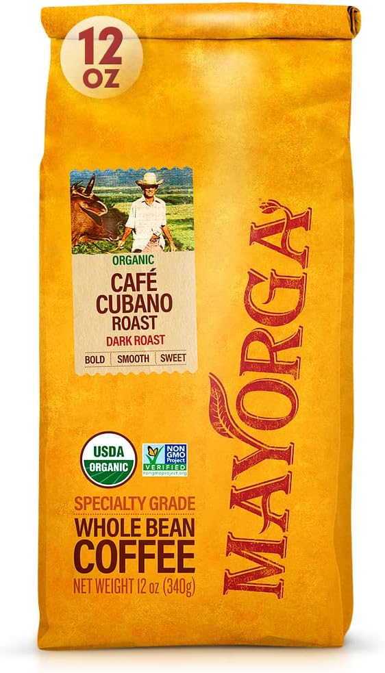 Mayorga Organic Coffee 12oz Cafe Cubano Roast - Dark Roast Whole Bean Coffee Specialty Grade, 100% Arabica, Slow Roasted, Bold and Smooth Flavor with Low Acidity - USDA Organic, Non-GMO, Kosher,