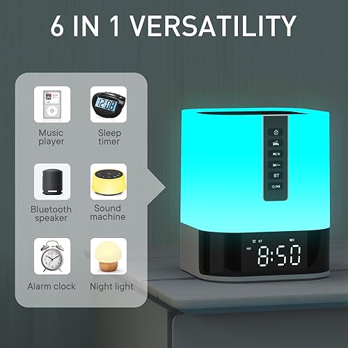 Miniatura 6 de Máquina de Sonido de Ruido Blanco con Reloj Despertador y Altavoz Bluetooth, 48 Luces Nocturnas, 16 Sonidos Relajantes para Dormir para Bebés,