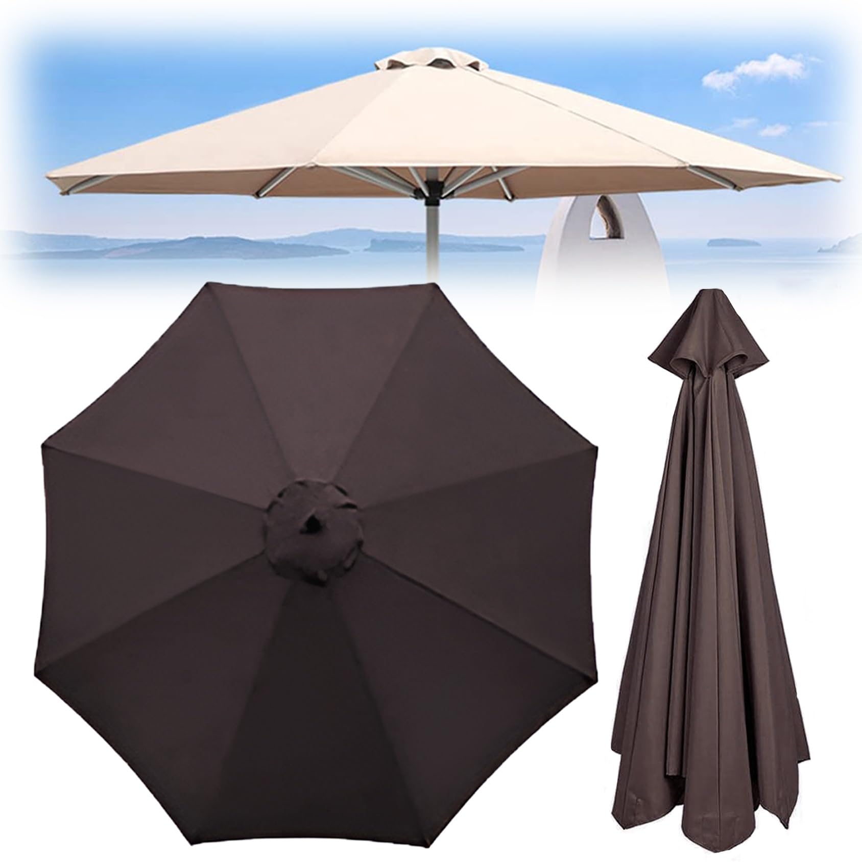 Telo Di Ricambio Copertura Per Ombrellone - 2.0 M, 2,7 M, 3,0 M - Ricambio Telo Ombrellone Da Giardino - Telo Per Ombrellone In Poliestere 160 G/m² Resistente Ai Raggi UV E All'Acqua(Brown,8 RIBS: 350