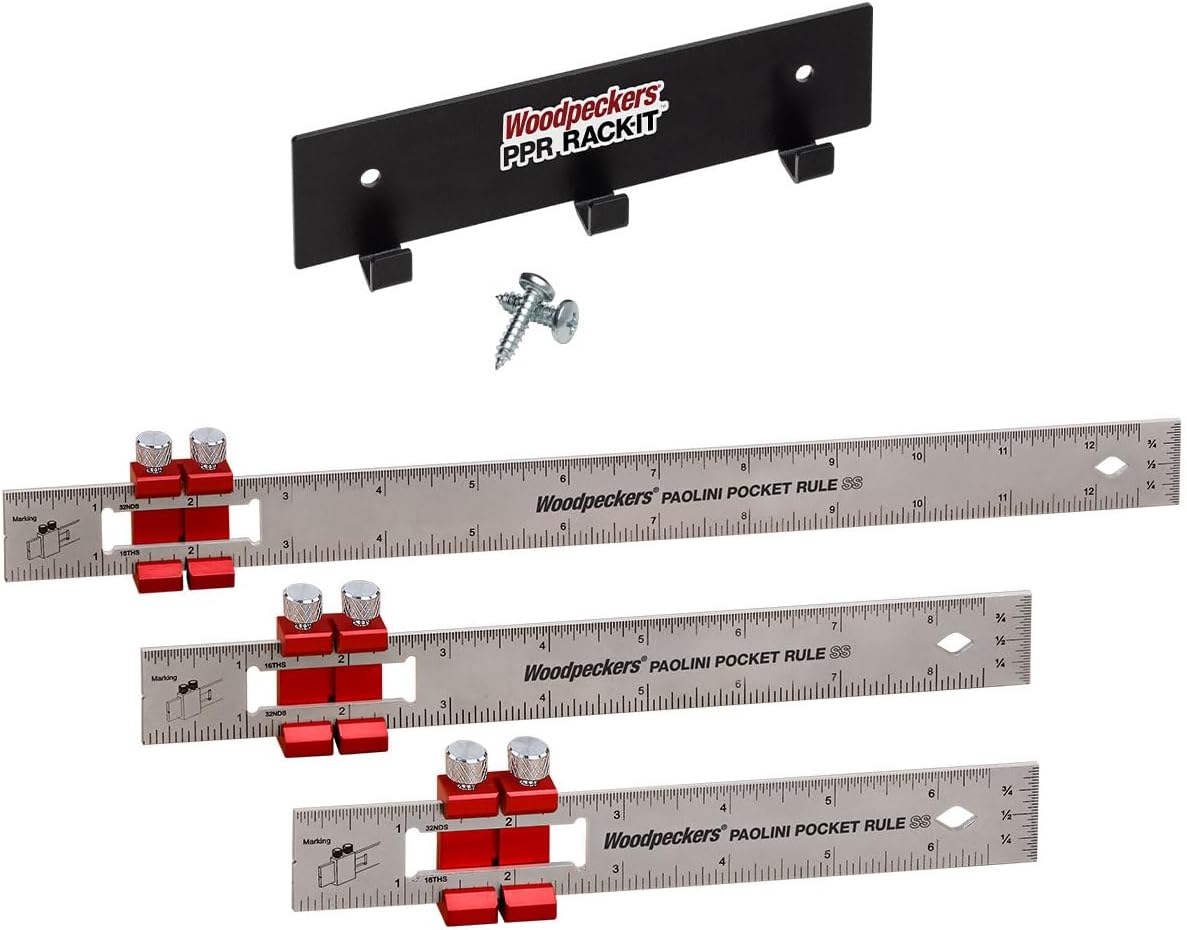 Paolini Pocket Rule with Rack-It, Stainless Steel, Combo Set, Woodworking Ruler with Sliding Stop, Vertical End Scale, Scribing Notch