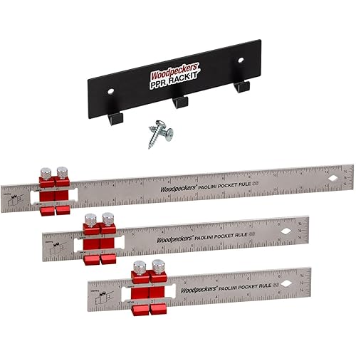 Woodpeckers Paolini Pocket Rule with Rack-It, Stainless Steel, Combo Set, Woodworking Ruler with Sliding Stop, Vertical End Scale, Scribing Notch